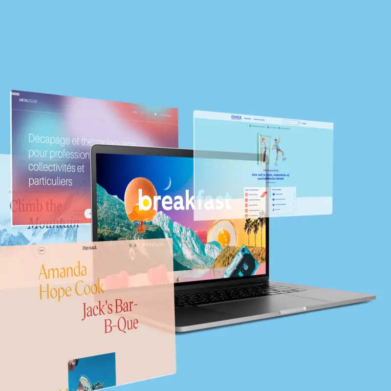 afbeelding van laptop met verschillende designs op een blauwe achtergrond