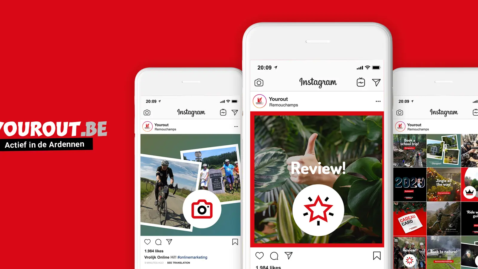 afbeelding 3 telefoons met instagram posts van yourout