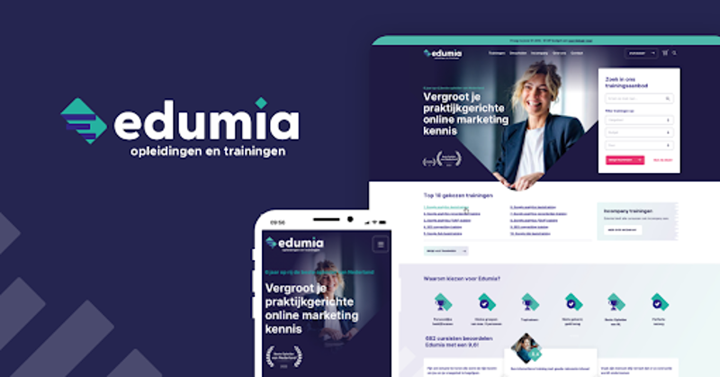 afbeelding web pagina van edumia op mobiel met tekst in edumia stijl met logo op blauwe achtergrond