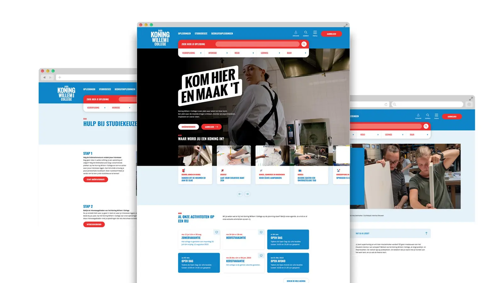 printscreens van de website van Koning Willem 1 College