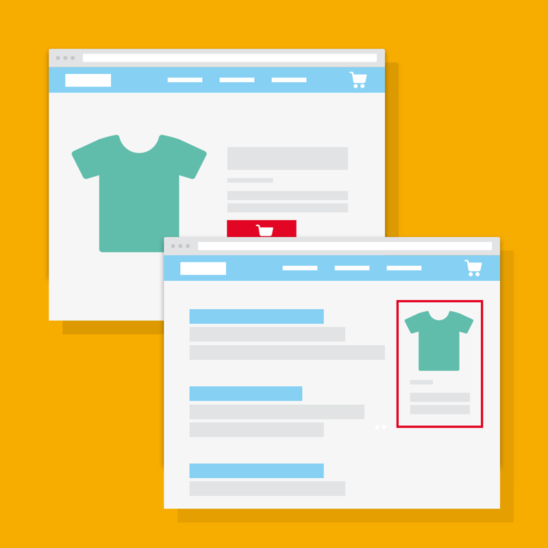 afbeelding van 2 product pagina's op websites met een gele achtergrond 