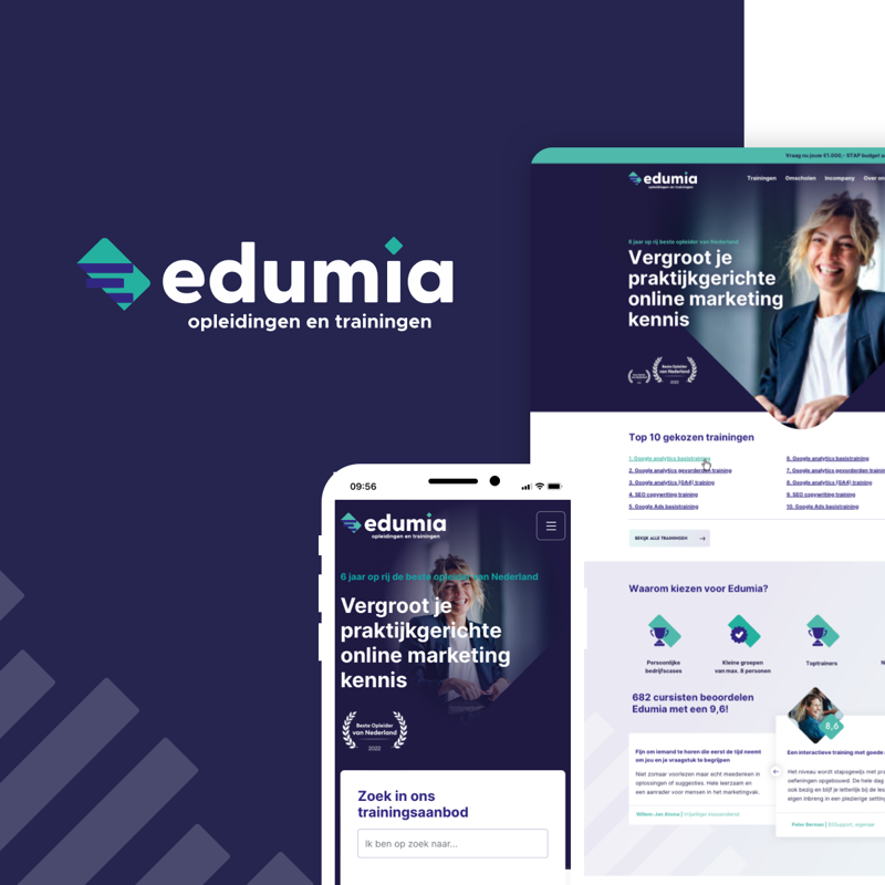 afbeelding edumia pagina's op mobiel met edumia stijl en logo als achtergrond