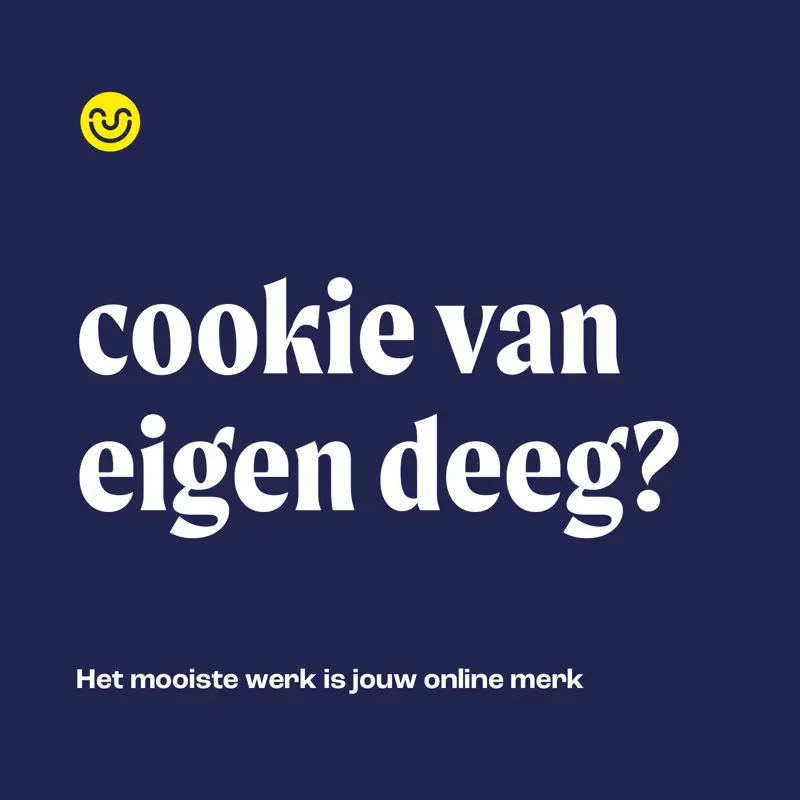 afbeelding van cookie tekst in vrolijk online stijl met logo op een blauwe achtergrond