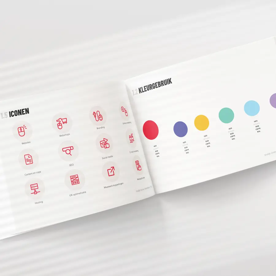 afbeelding brandbook met iconen en kleurgebruik op witte achtergrond