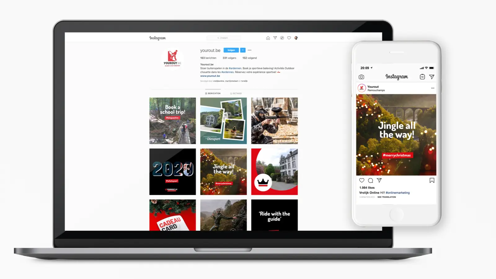afbeelding van de instagram pagina van yourout op een laptop en op een mobiele telefoon