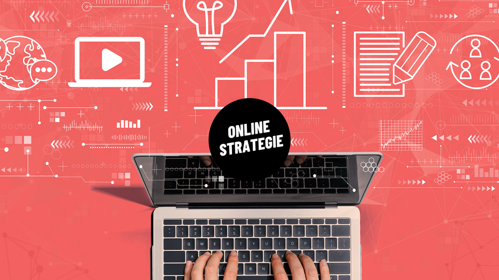 afbeelding online strategie met handen op laptop, web icoontjes & vrolijk online